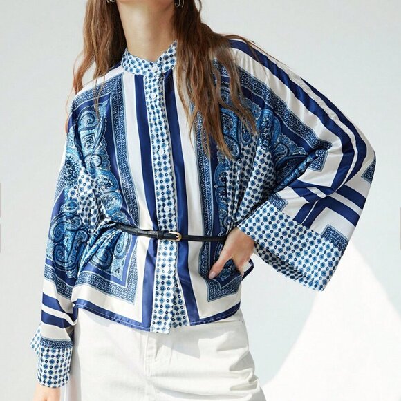 Multicolor Casual Women's Color Block Print  Cuff & Hem Design Blouse - Picture 4 of 5